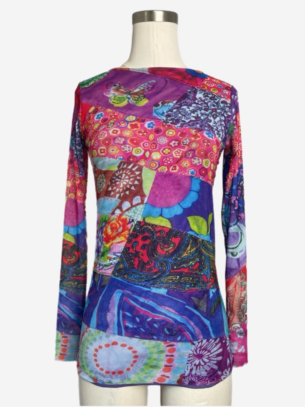 LaPiel by AMB Designs Patchwork print long sleeve mesh top Y2K butterfly S/M